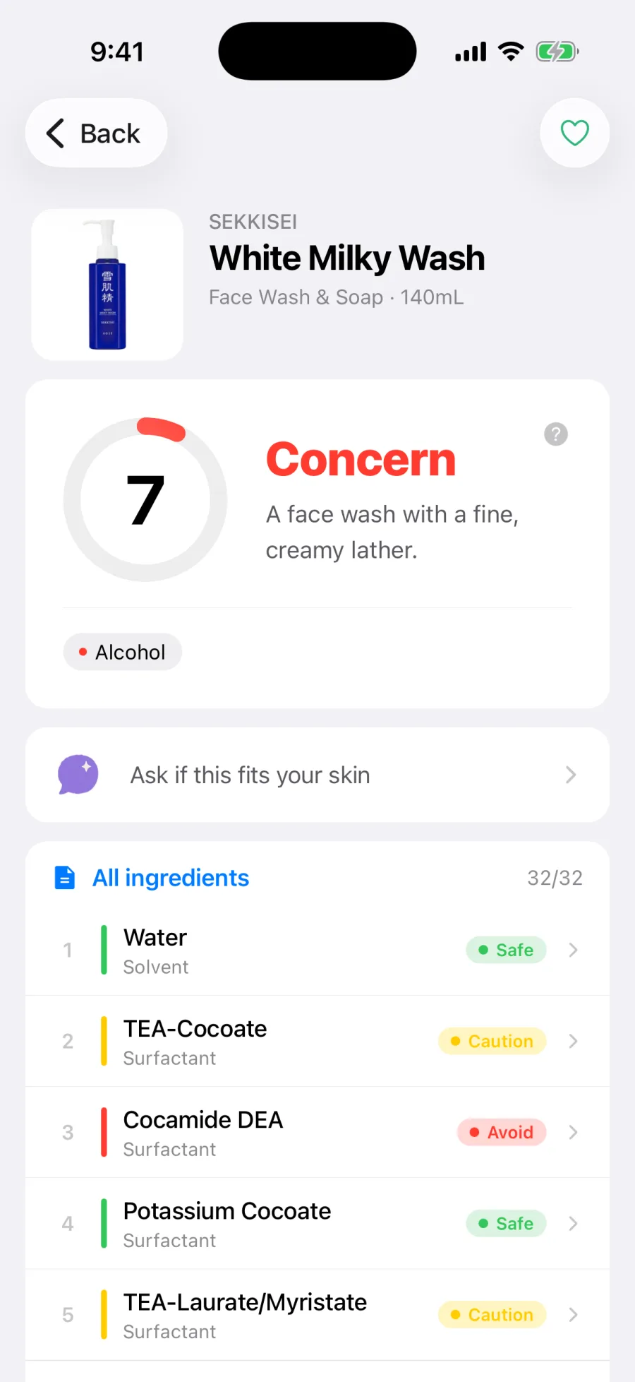 The nemi skin-fit verdict showing a personal score and an ingredient to avoid